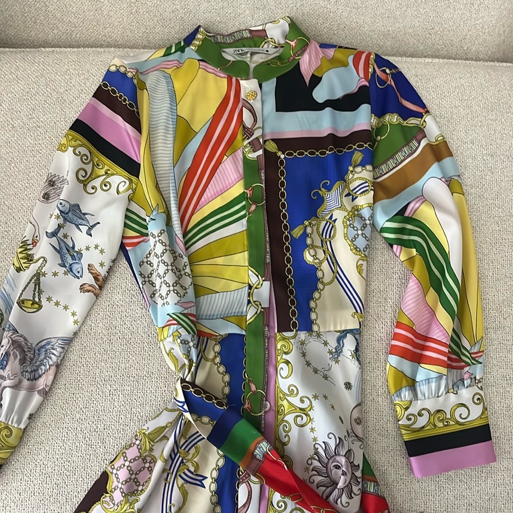Zara colorful button up dress with tie at waist size medium